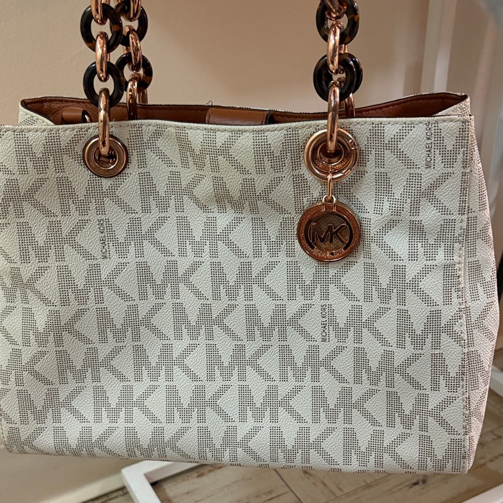 Michael Kors Cream and Brown MK Shoulder Bag - Picture 2 of 15